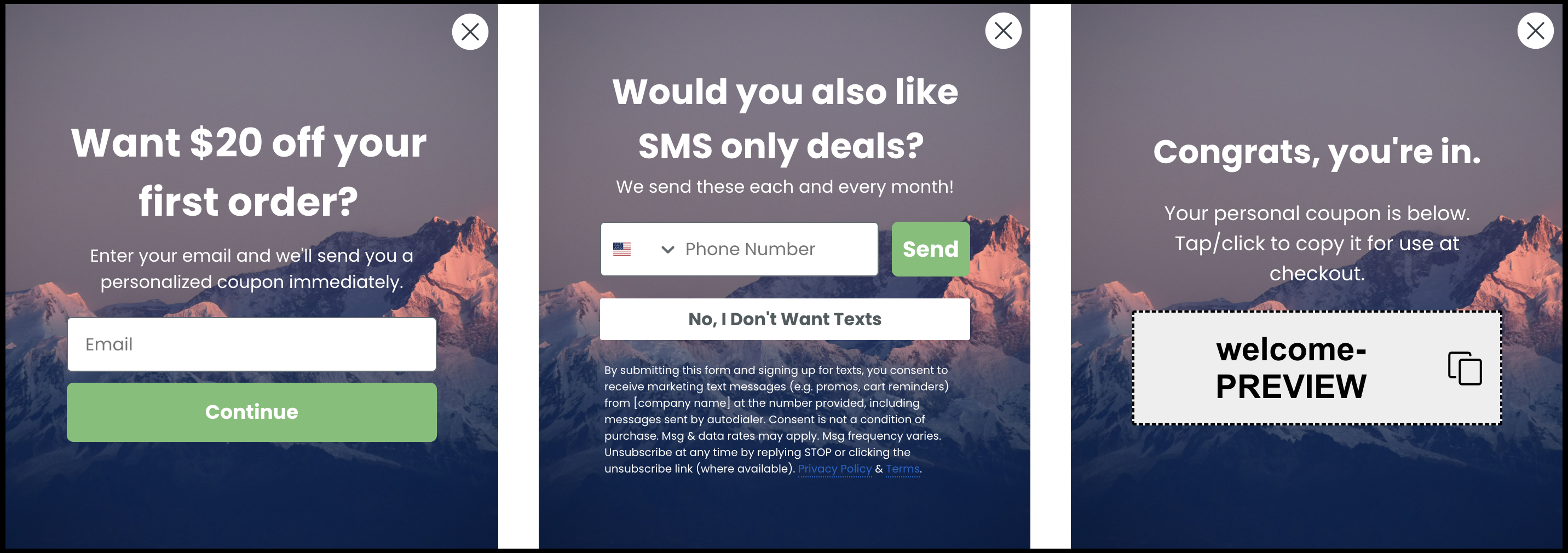 Klaviyo popup example for email and SMS